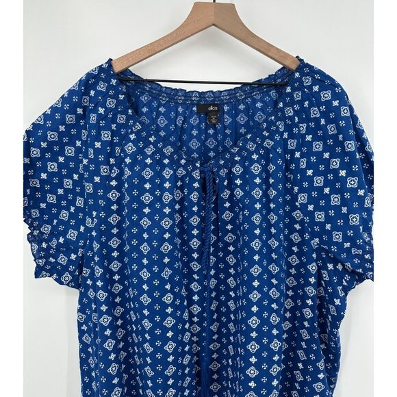 Ellos Peasant Blouse Women 2X Blue Ruffle Trim Tassel Tie Neck Boho Feminine - Picture 2 of 8